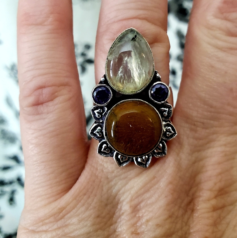 New Golden Rutile, Tiger Eye and Amethyst 925 Silver Ring.